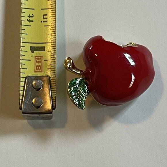 Apple Shaped Red Enamel Brooch With Rhinestone Bite - Picture 5 of 5